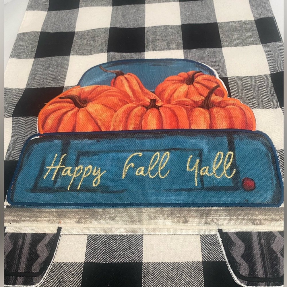Black Buffalo Check Happy Fall Y’all Table Runner Blue Truck with Pumpki…